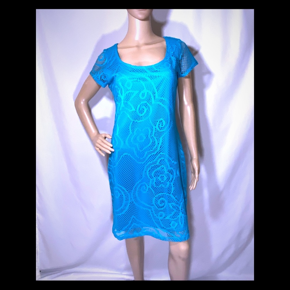 Lace Dress over turquoise knit full lining- Medium